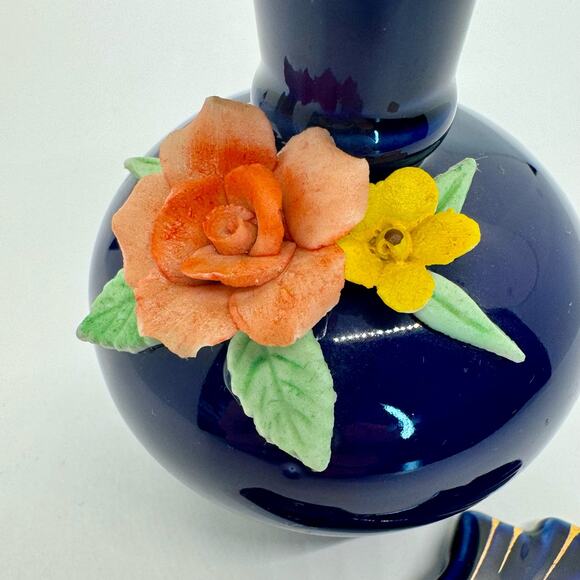 Decorative Perfume Bottle w/ Stopper Rose Flower Cobalt Blue Gold Ruffle Trim - Picture 5 of 10